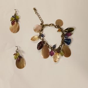 Cha cha  Art Glass, Pearl Shell Teardrops Disc Dangling Bracelet & Earrings S